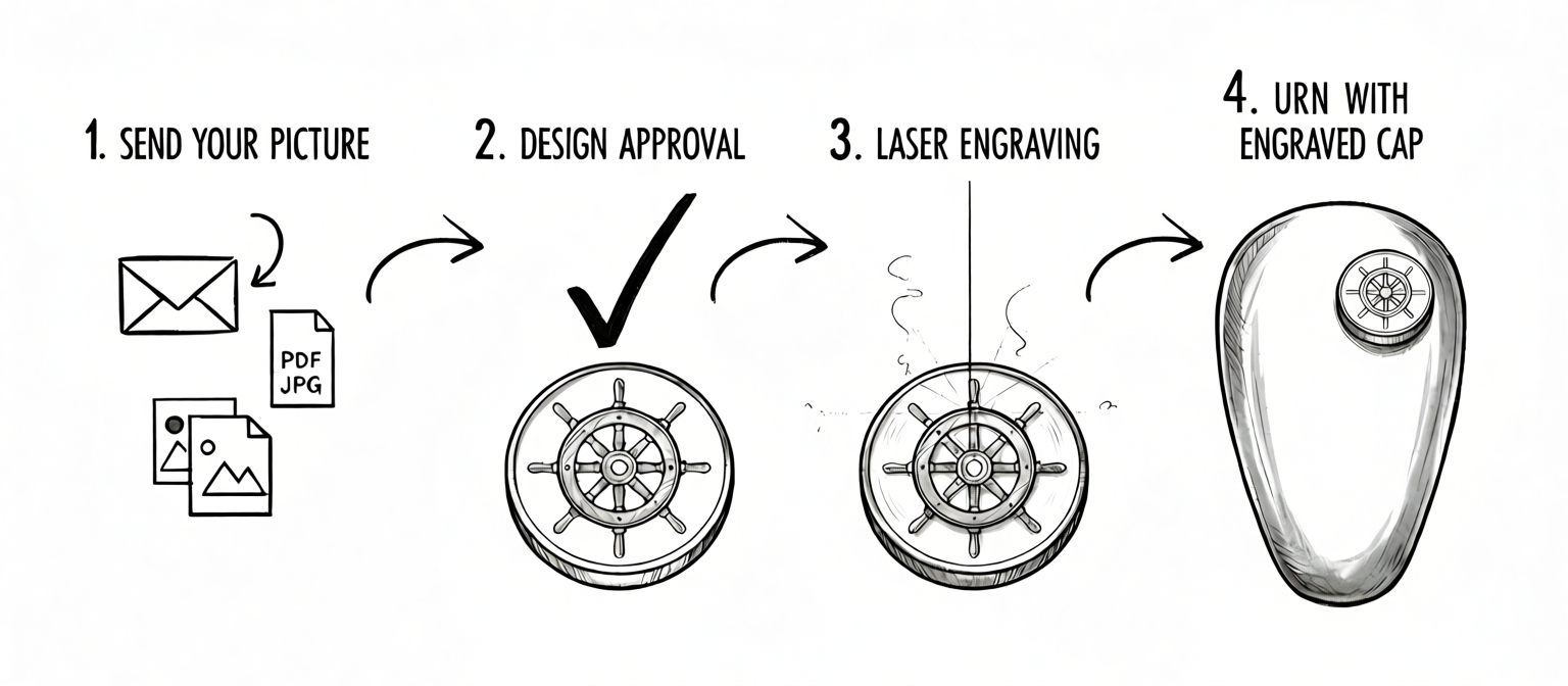 Haus of Urns laser engraving process — send your picture, design approval, laser engraving on cap, finished urn with personalized engraved cap