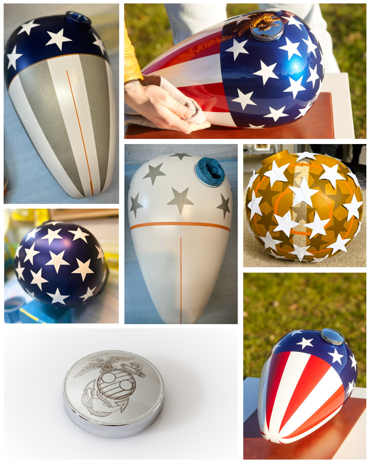 Collage showing the handcrafted creation process of the Haus of Urns Freedom Urn — a premium motorcycle gas tank cremation urn with patriotic American flag paintwork. Images include a silver and white tank-shaped urn with masking tape applied during the painting process, a deep blue spherical urn covered in white stars, a finished Freedom Urn being hand-polished to a high-gloss automotive lacquer finish with bold stars-and-stripes design in red, white, and blue, a white tank urn with silver stars and orange